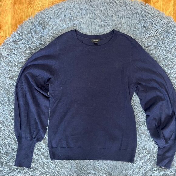 Halogen Navy Puff Sleeve Merino Wool Sweater Size M - Picture 2 of 6